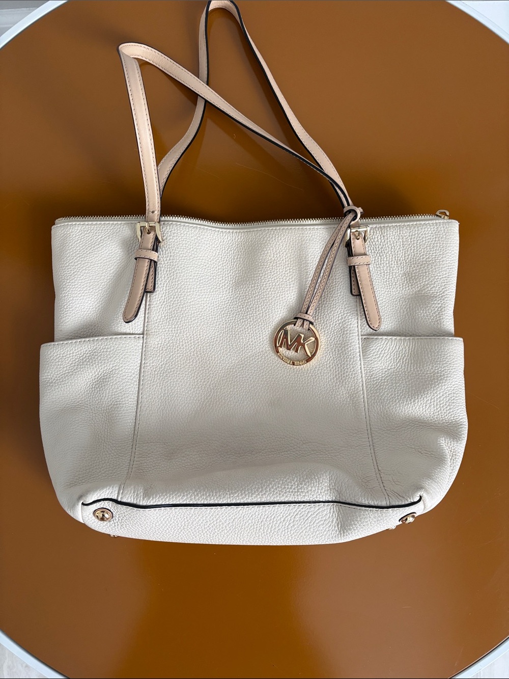 Michael Kors Cream Pebbled Leather Shoulder Tote with Blush Straps